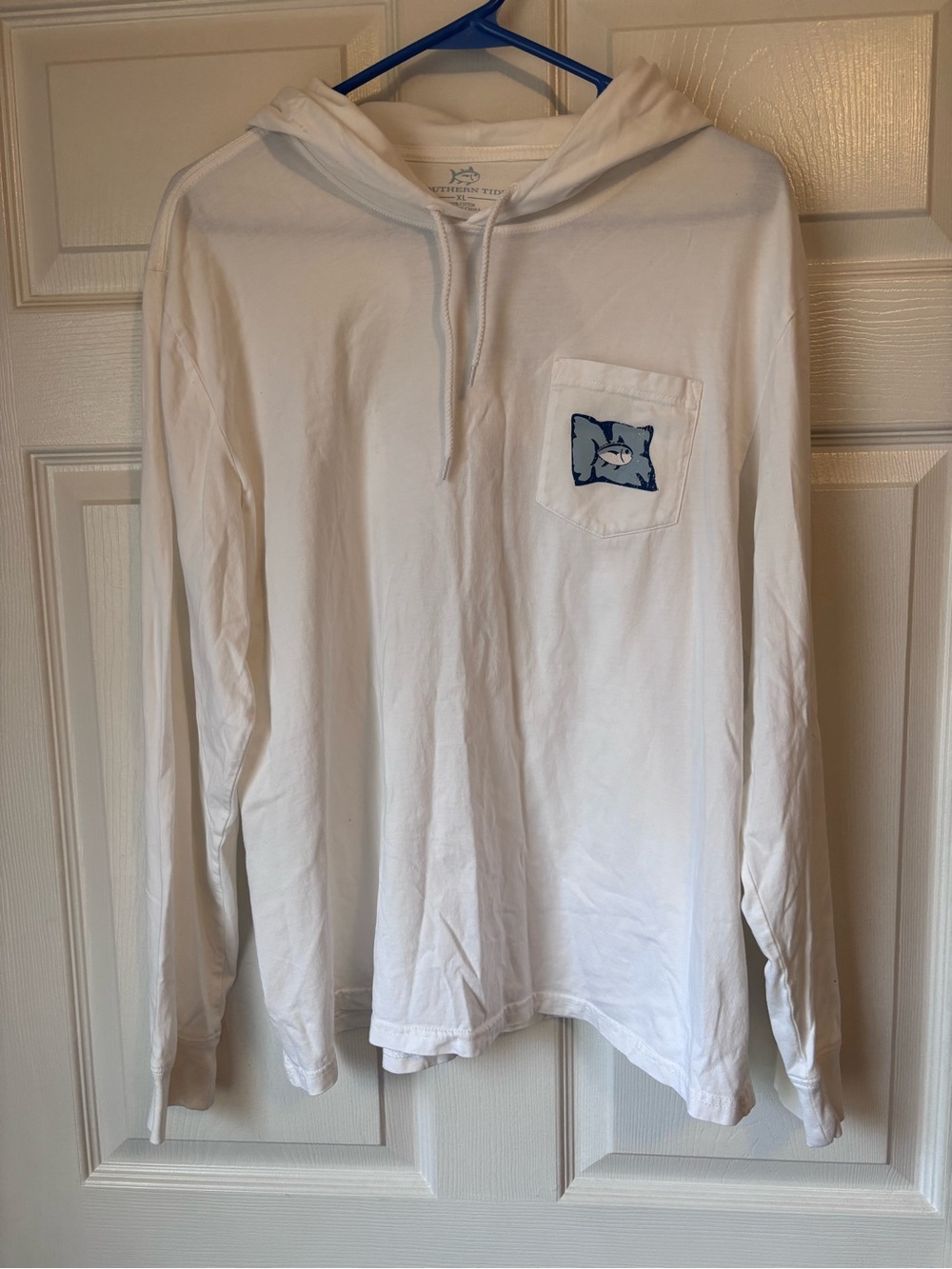 Southern Tide White Kids Hoodie with Blue Shark Pocket